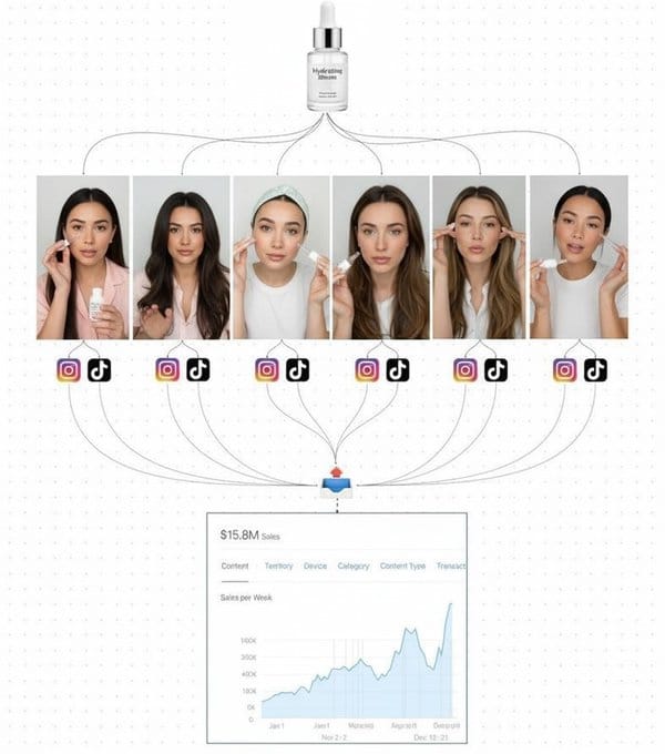 A white bottle of skincare serum at the top. Below, six women with different hairstyles and skin tones applying the serum, each with Instagram and TikTok icons beneath them. A flowchart connects the bottle to the women and icons, leading to a graph showing sales data over time. Text overlays include "$15.8M" and labels like "Content, Category, Sales per week."