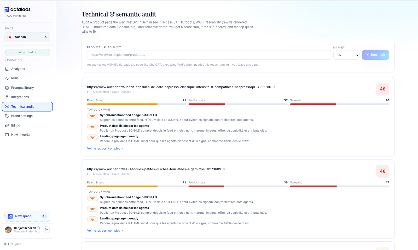 Auditoría técnica y semántica: score sobre 100, sub-scores y quick wins