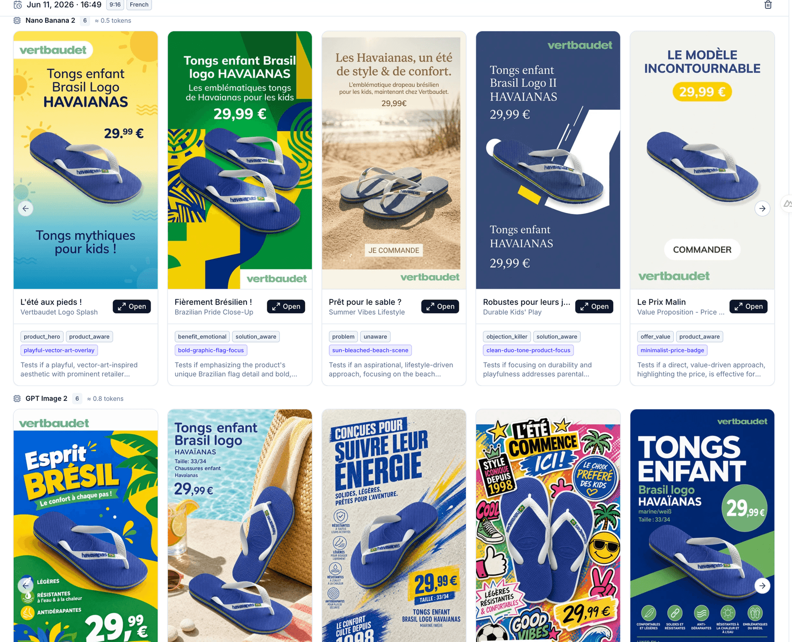 Catalog ads generados con IA para unas chanclas Havaianas infantiles de Vertbaudet: decenas de variaciones por ángulo (beneficio emocional, precio, durabilidad, lifestyle playa) y por modelo (Nano Banana, GPT Image)