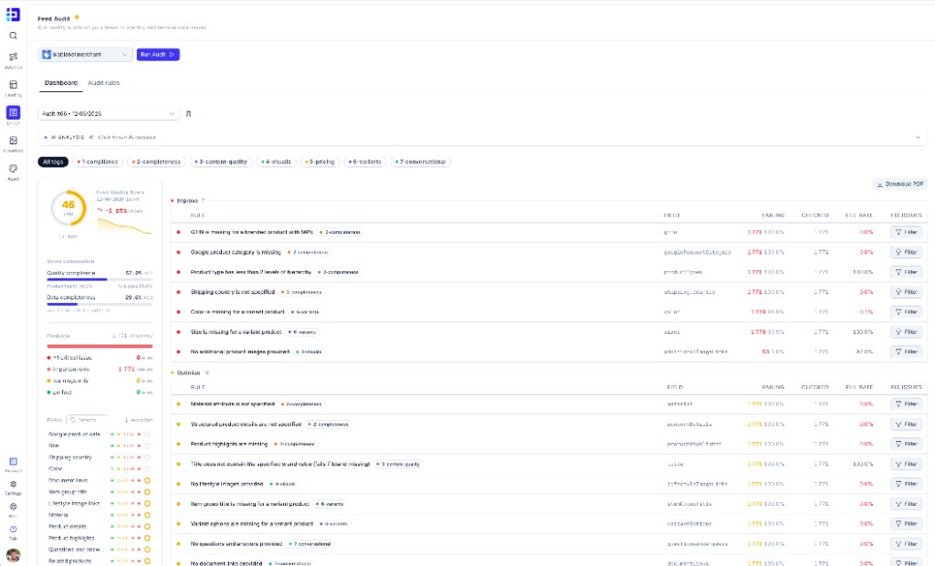 Dataïads Feed Audit dashboard: feed quality score and impact-prioritized correction rules
