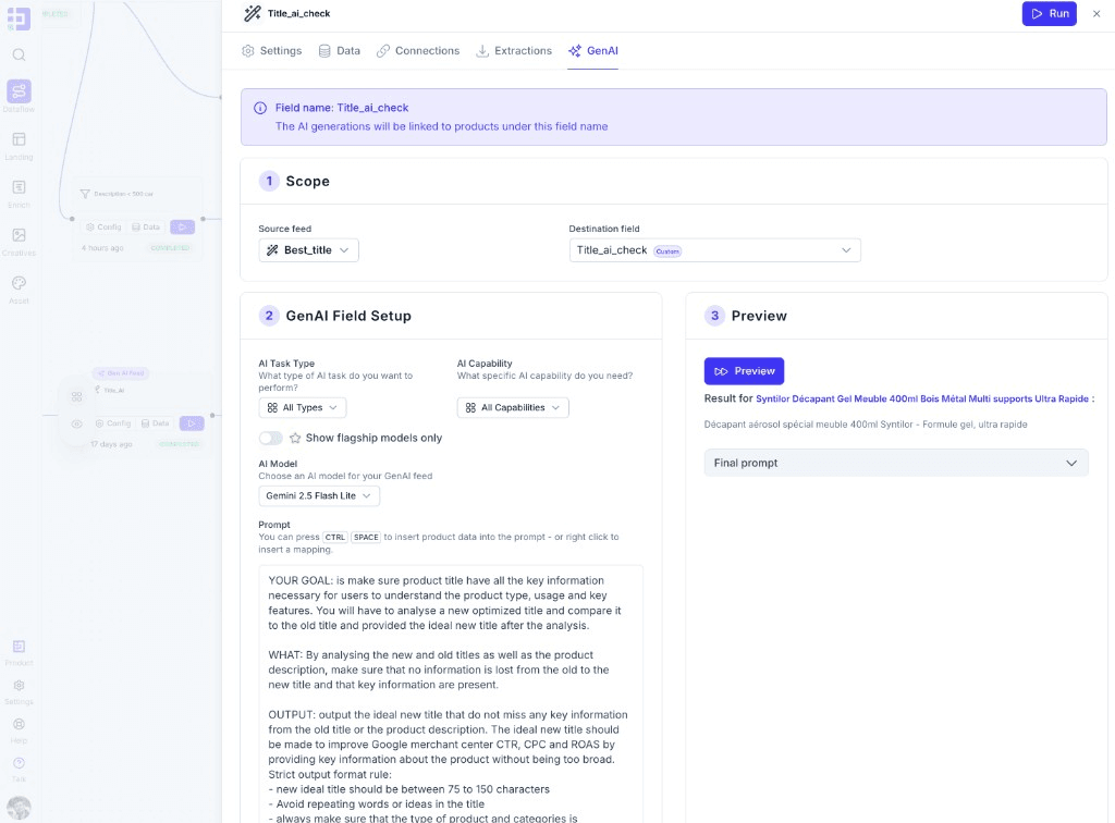 Configuración GenAI texto: scope, modelo y prompt