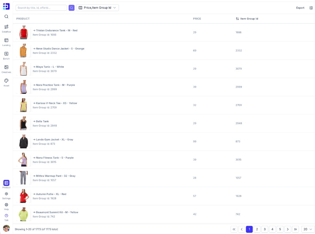 Lista de productos filtrable por precio e item group id