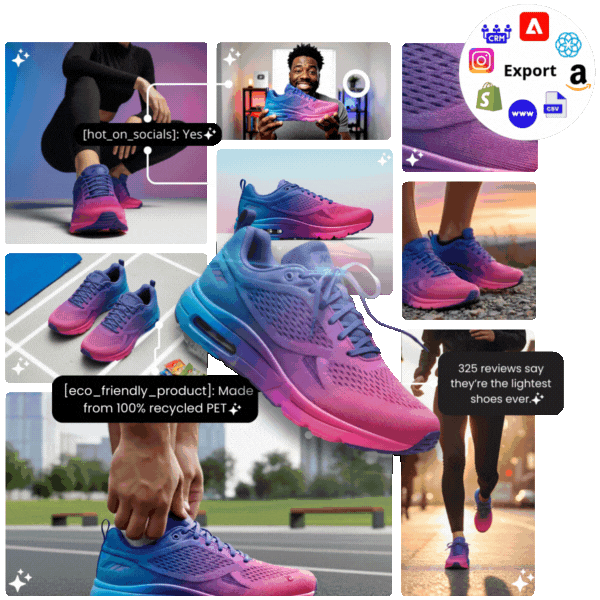 Collage d'assets multimodaux générés par Smart Asset depuis un seul produit : packshots, lifestyle, vidéo, avis et export
