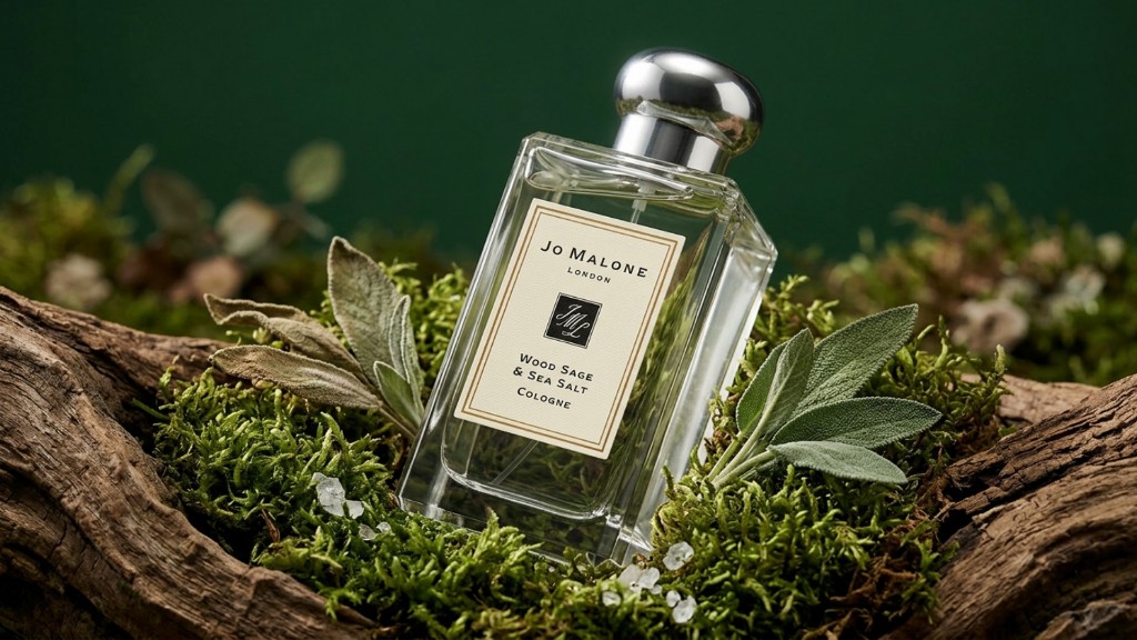 Flacon Jo Malone mis en scène sur de la mousse et de la sauge, scène lifestyle générée