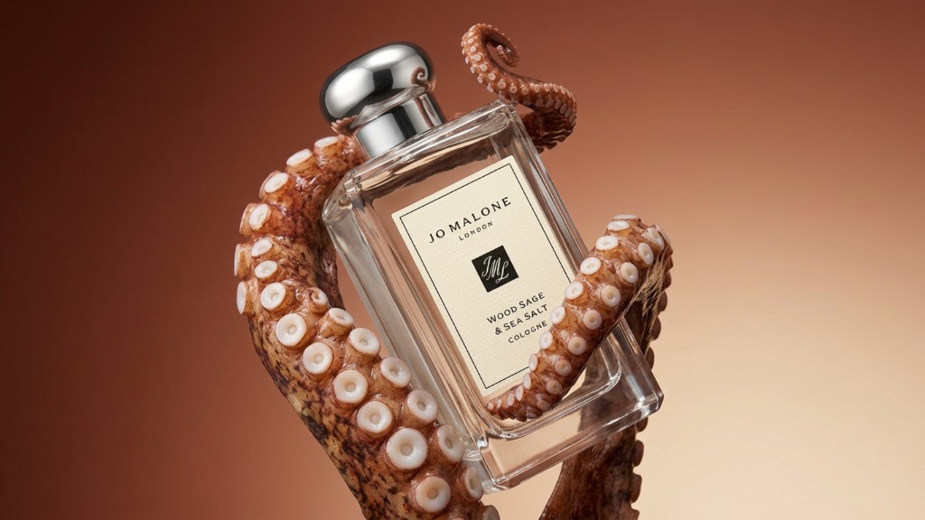 Flacon Jo Malone enlacé par des tentacules de poulpe, scène lifestyle générée