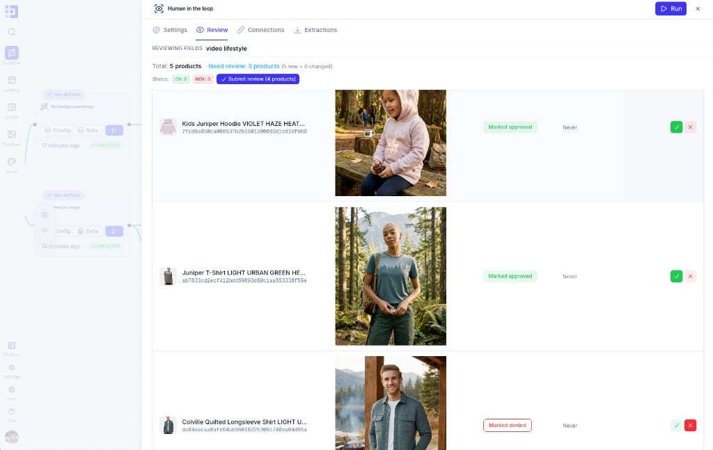 Interface de revue Smart Asset : file de produits à valider avec aperçu des visuels lifestyle, statuts approuvé / refusé et soumission de la revue (human in the loop)