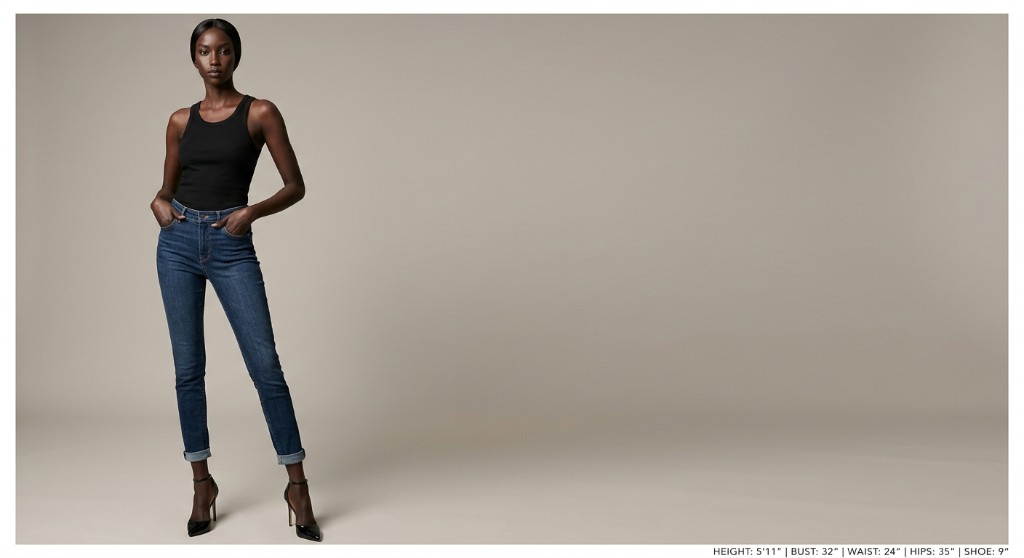Mannequin en débardeur noir et jean, photo de référence on-model