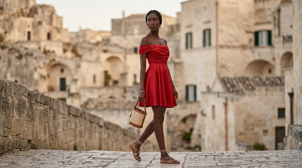 Modèle portant la robe rouge, mise en situation dans une ville ancienne en pierre